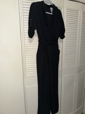 Black Wrap Jumpsuit Dress with Tie Waist